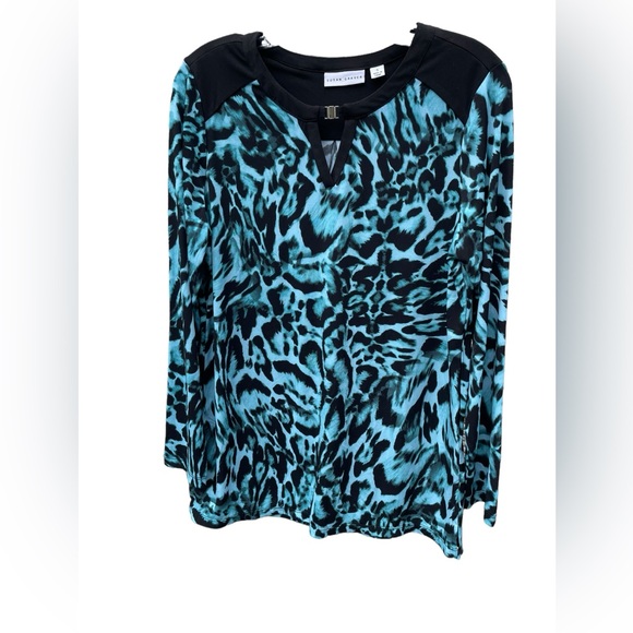 Susan Graver Black Teal Leopard Print Long Sleeve Tunic Shir‎ t - Picture 1 of 5